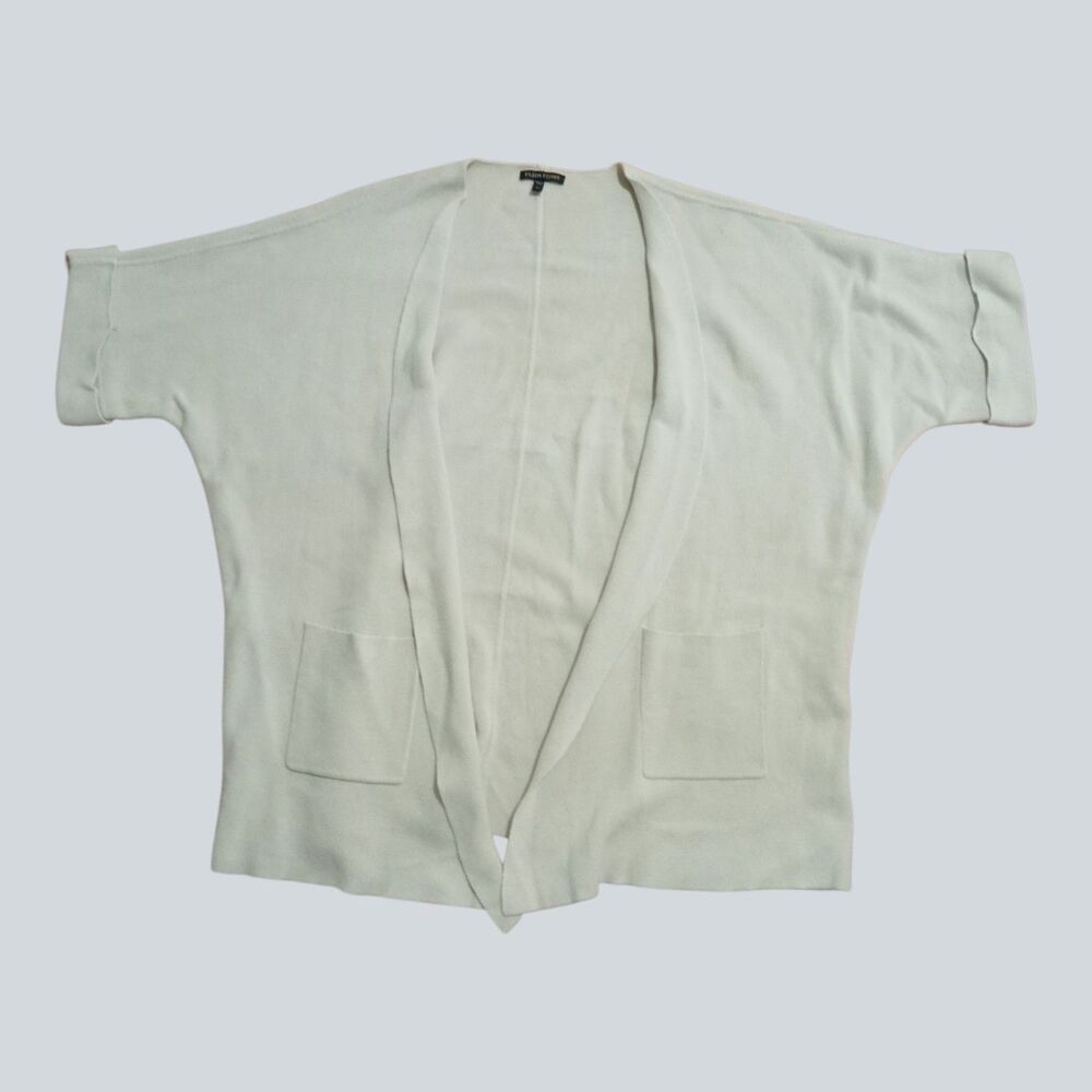 Eileen Fisher XL Ivory Silk Organic Cotton Open Front Cardigan Dolman Sleeve